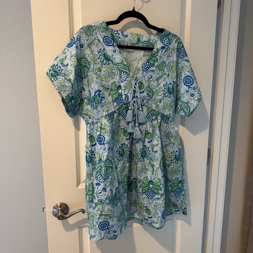 Roller Rabbit Blue and Green Print Caftan Cover Up Mink Dress | M - Picture 2 of 6
